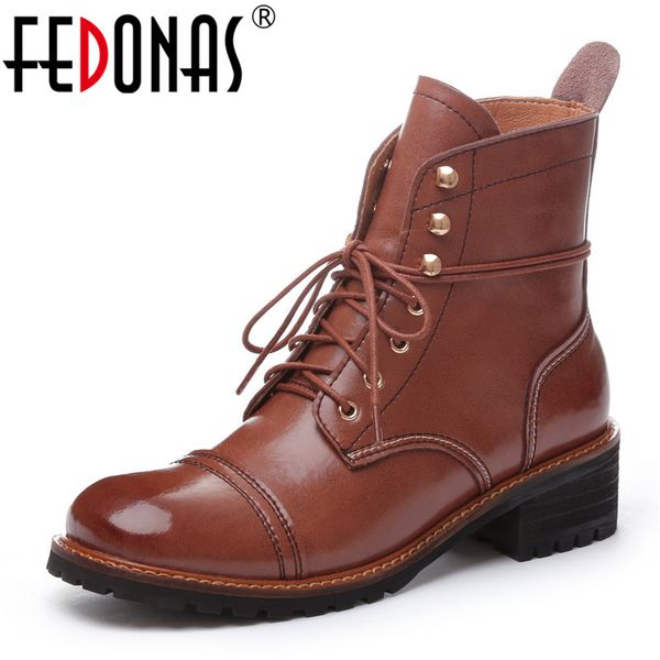 

fedonas party shoes woman 2020 new autumn winter genuine leather women western boots high heels women lace up casual ankle boots, Black