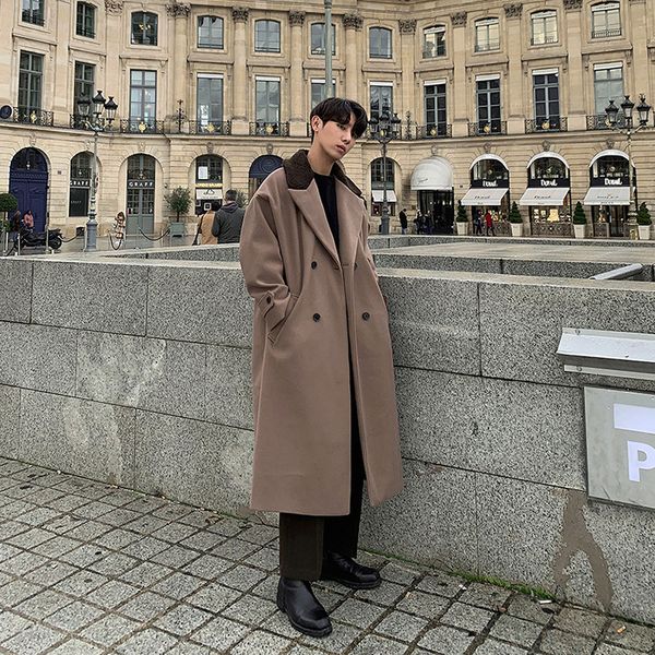 

men double breasted vintage fashion casual loose wool long coat windbreaker male streetwear woolen jacket outerwear, Black