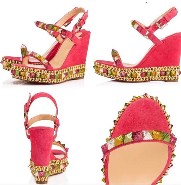 

elegant studs fashion designer red bottom pyraclou wedges sandals women lady high heels luxury designer walking ankle strap women's sho, Black