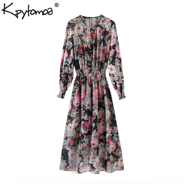 

vintage elegant floral print chiffon midi dress women 2020 fashion two pieces set elastic waist dresses casual vestidos mujer, Black;gray