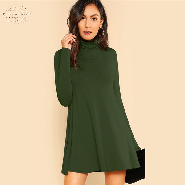 

mini high dresses neck flowy green dress women long sleeve fit and flare clothes ladies casual autumn twill dress, Black;gray