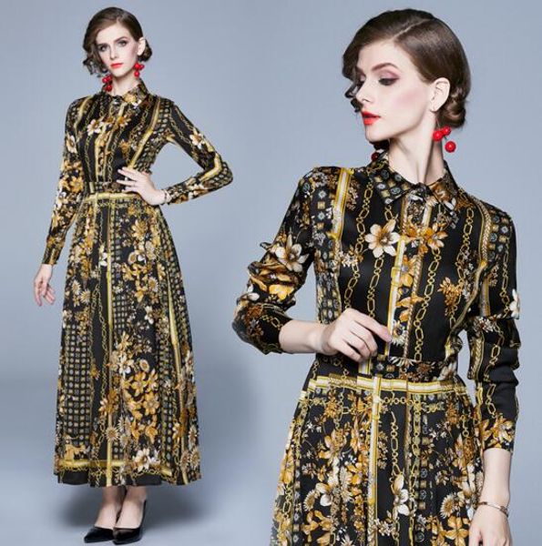 

autumn new long-sleeved women's self-cultivation was thin and long printed shirt collar dress, Black;gray