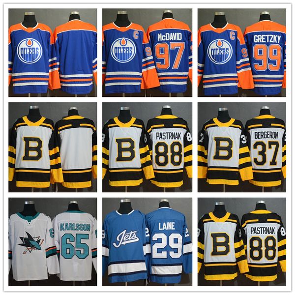 

Men's 29 Patrik Laine 65 Erik Karlsson 97 Connor McDavid 99 Wayne Gretzky 37 Patrice 88 David Pastrnak New hockey Jerseys Stitched