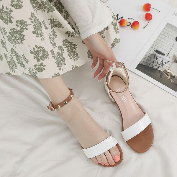 

sandals women comfortable middle heels summer sandals rivet thin belt buckle strap leisure classic style women's shoes 2020, Black