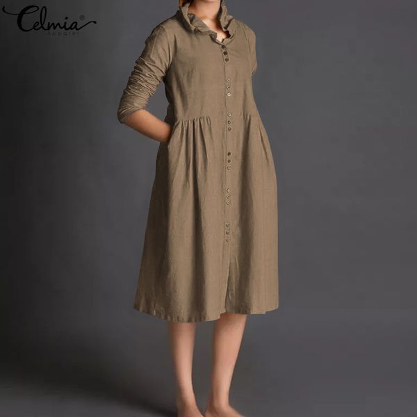 

celmia 2019 women cardigan vintage linen dress long sleeve buttons loose pleated shirt dress casual vestidos femme plus size 5xl, Black;gray