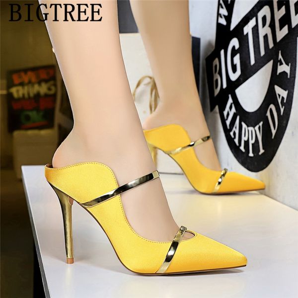 

mules high heels bigtree shoes pointed heels pumps women shoes yellow stiletto wedding bride sapato feminino ayakkab, Black