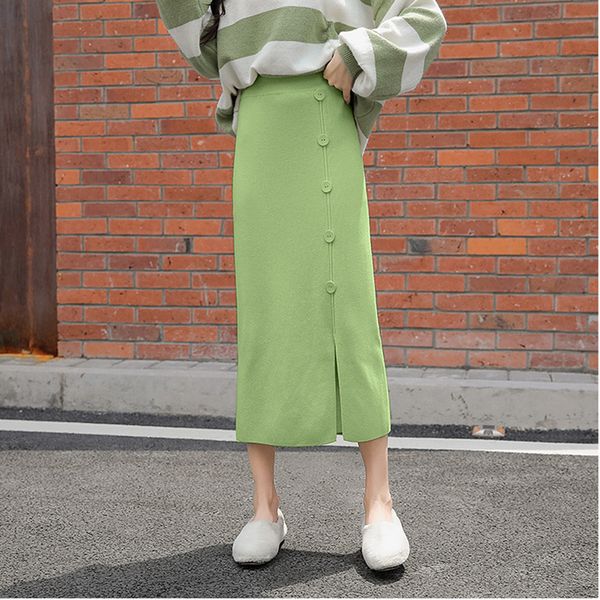 

green knit skirt 2019 new high waist split long paragraph hip a word knit skirt black women's long female winter clothing