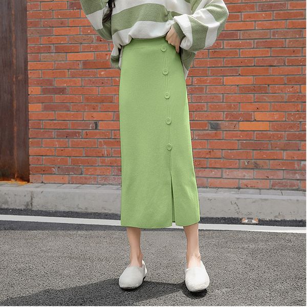 

green knit skirt 2019 new high waist split long paragraph hip a word knit skirt black women's long female winter clothing