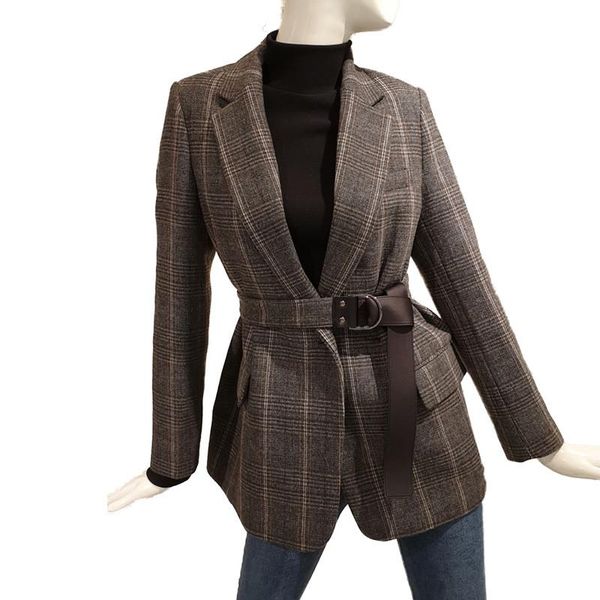 

women 2019 spring autumn new fashion lapel long sleeve suit coat female vintage plaid single button belt outwear slim blazer l49, White;black