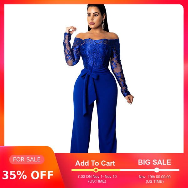

women lace one word collar middle waist long sleeve long pants with belt night club jumpsuit 2019 autumn, Black;white