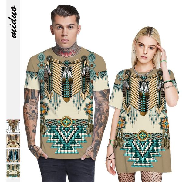 

ethnic style digital printing couple dress short sleeve round neck t-shirt summer casual top, White;black
