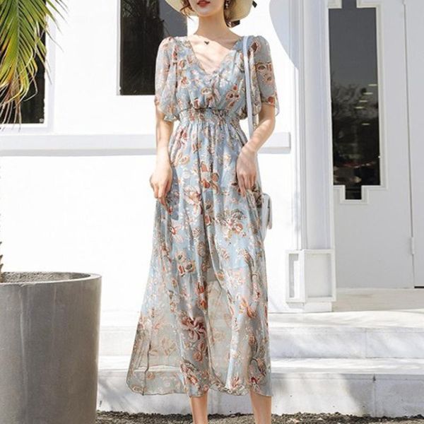 

casual dresses 2021 summer korean print v-neck short-sleeved long dress women floral chiffon bohemian sundress vestidos, Black;gray