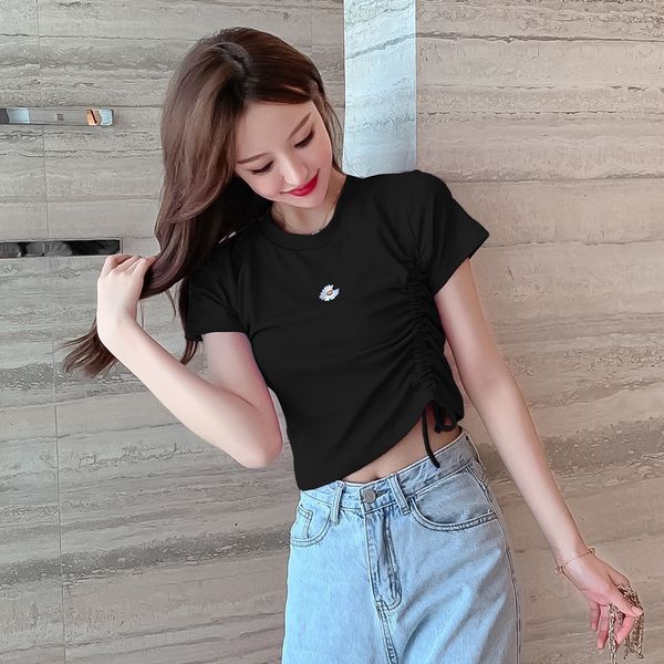 

2020 female embroidery t-shirt embroidery slim round collar short sleeve female drawstring embroidered daisy flower t-shirt, White
