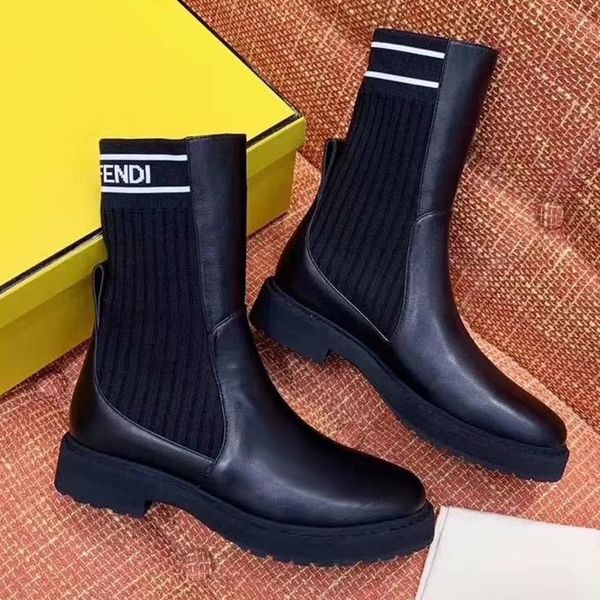 

2020 autumn and winter new women's shoes letters lace-up leather martin boots stretch stitching mid boots boots black genuine shoes