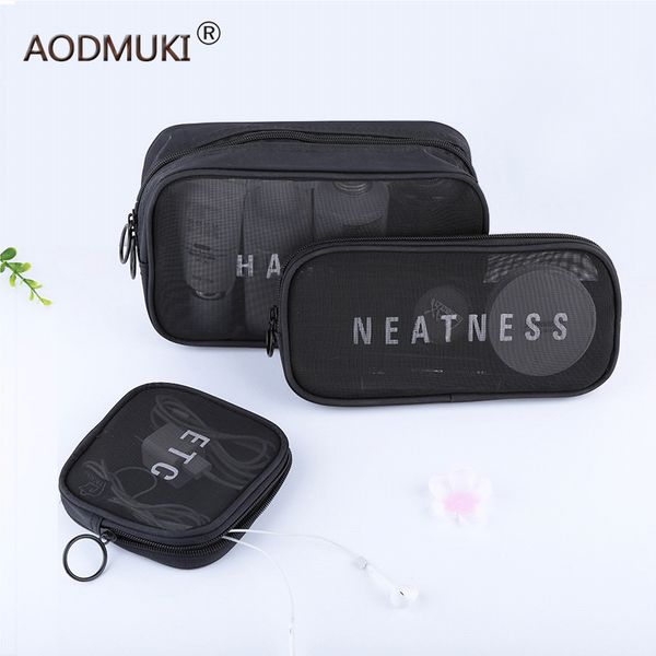 

aodmuki 3 piece suit fashion women travel small large cosmetic bag set makeup mesh toiletry bags men wash organizer pouch case