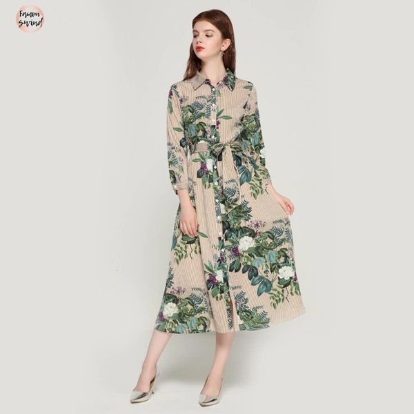 

dress women striped vintage floral midi bow tie sashes long sleeve pleated female casual chic dresses vestidos, Black;gray