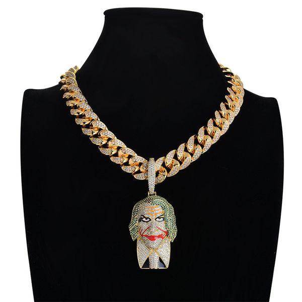 

18k gold plated large size hip hop iced out cz clown pendant necklace with cuban link chain, Silver