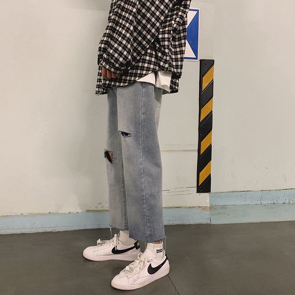 

2019 summer men's cargo pocket streetwear holes jeans baggy fashion trend casual pants biker denim blue loose trousers -2xl