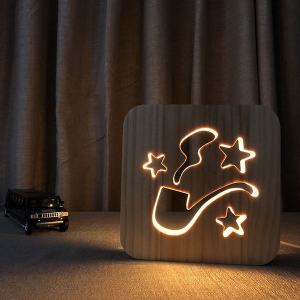 Tubo de madeira esculpida noite luz madeira lâmpada de cabeceira crianças bebê noite lâmpada para atmosfera relaxante ou presentes de aniversário