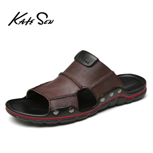 

katesen new summer men's sandals soft leather slippers breathable non-slip beach shoes men's slippers zapatos hombre shoes, Black