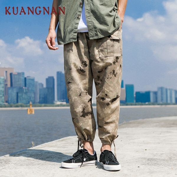 

kuangnan camo pants men ankle-length joggers trousers camouflage cargo pants men 2018 japanese streetwear casual 5xl, Black