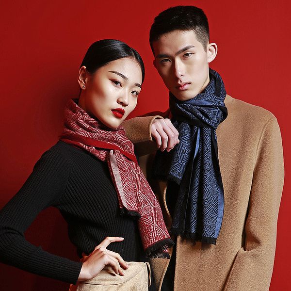 

menogga cotton scarf men brocade diamond-shaped pattern vintage warm winter scarf neck ing, Blue;gray