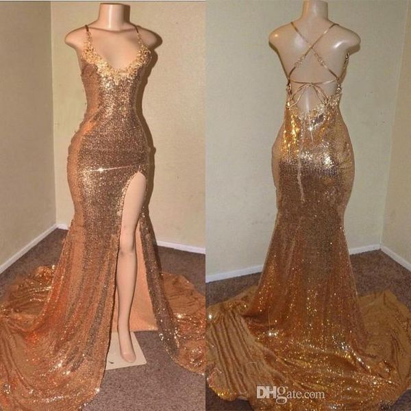 

sequins appliques prom dresses 2019 mermaid evening gowns with front slit gold special occasion dresses party gowns custom made, Black