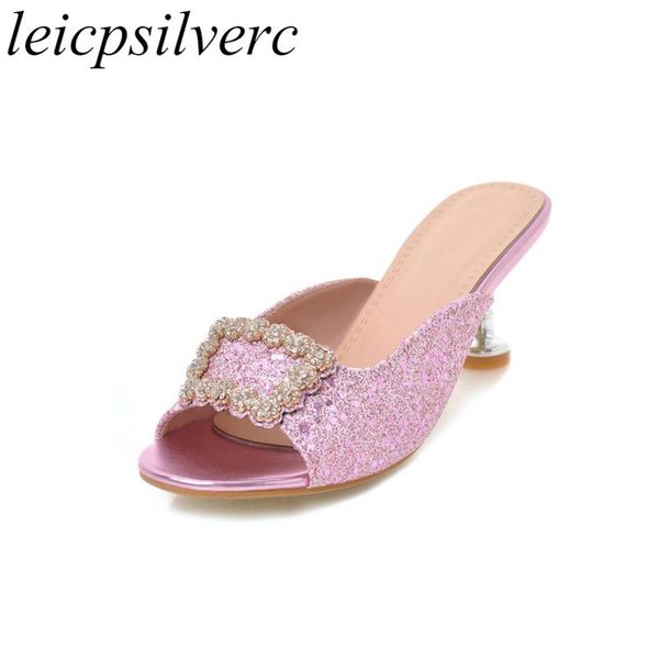 

women pumps mules shoes high heel slip on bling crystal peep toe 2018 summer slides fashion casual party gold silver pink, Black
