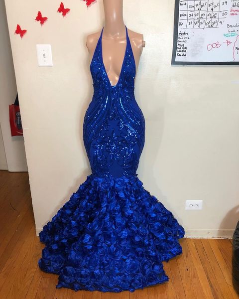 

2019 royal blue mermaid prom dresses halter plunging v neck sequined lace flowers formal evening party gowns vestidos, Black