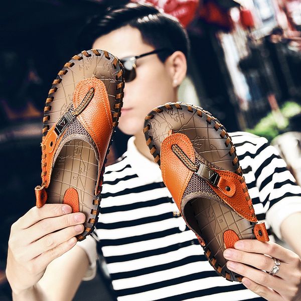 

jichi brand genuine leather summer men slippers beach sandals comfort men casual shoes fashion flip flops drop shipping, Blue;gray