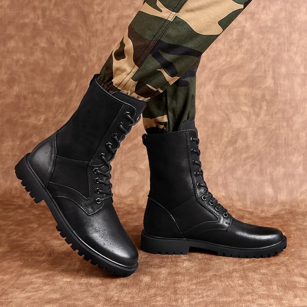 

men genuine leather buckle round toe high equestrian boots male lace up botas knight boots with fur warm snow, Black