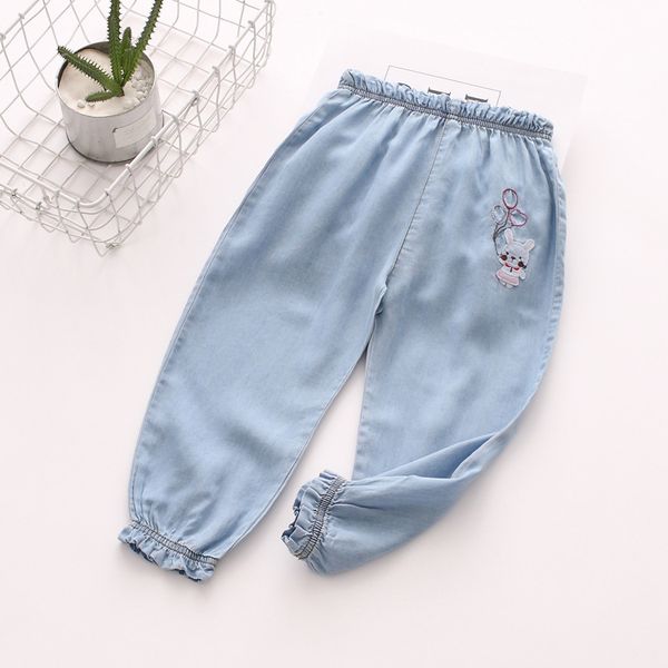 

2019 spring new style children crawler girls cartoon balloon bunny closing tencel cowboy trousers, Blue