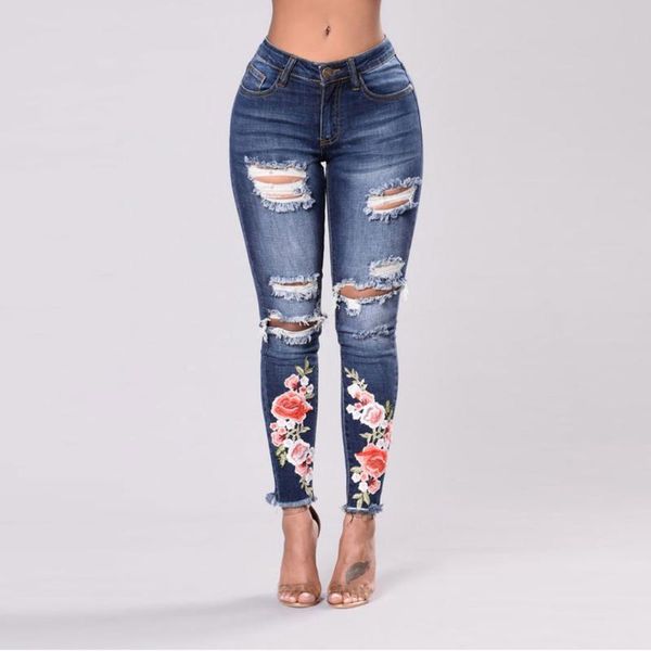 

2019 fashion casual ultra stretchy blue ripped embroidery jeans woman denim pants trousers for women pencil skinny jeans#j30