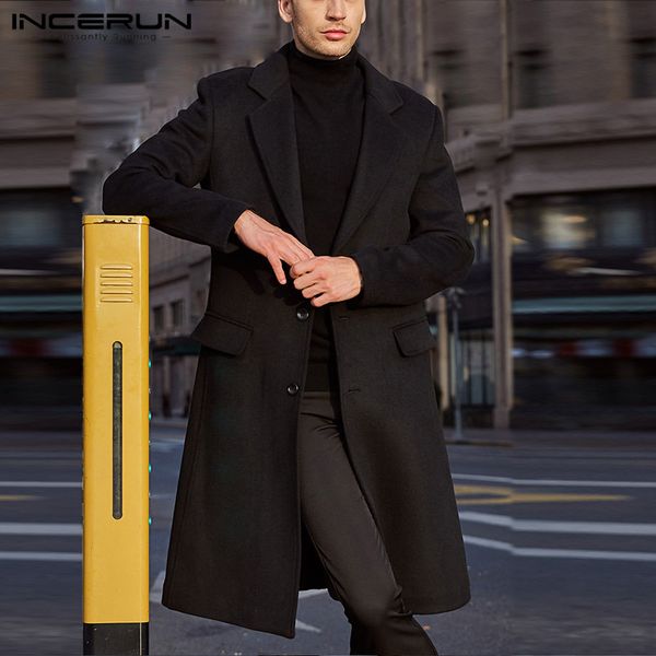 

2019 winter fashion men coats warm fake wool blends jackets solid streetwear long sleeve long trench coats men overcoats incerun, Black