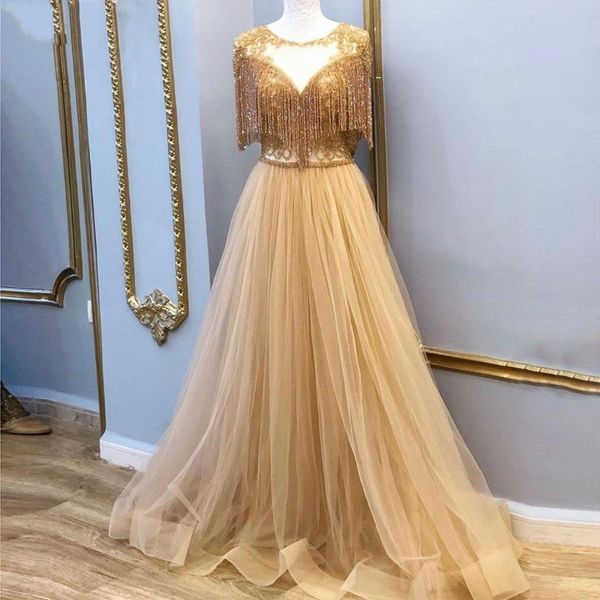 

shinning tassels prom dresses with sheer neck beads sequins cocktail evening dress tulle girls gowns robe de soiree, Black