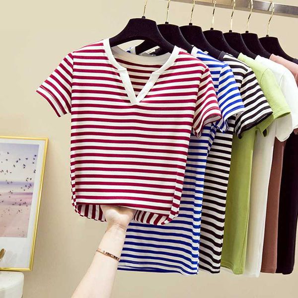 

women short sleeve tees summer 2020 new good quality cotton v-neck ladies casual stripe t-shirt seaside style lady clothes, White