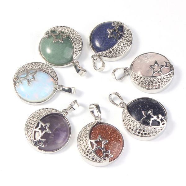 

wholesale 10 pcs silver plated moon and star wrap lapis lazuli round pendant with rope chain opalite opal jewelry