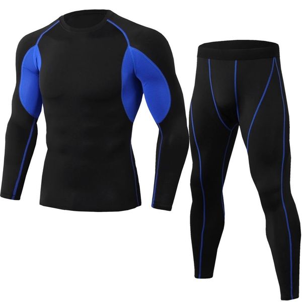 

wholesale-brand new men fitness sportswear male running training shirts pants tights gym workout sport suits compression running set, Black;blue