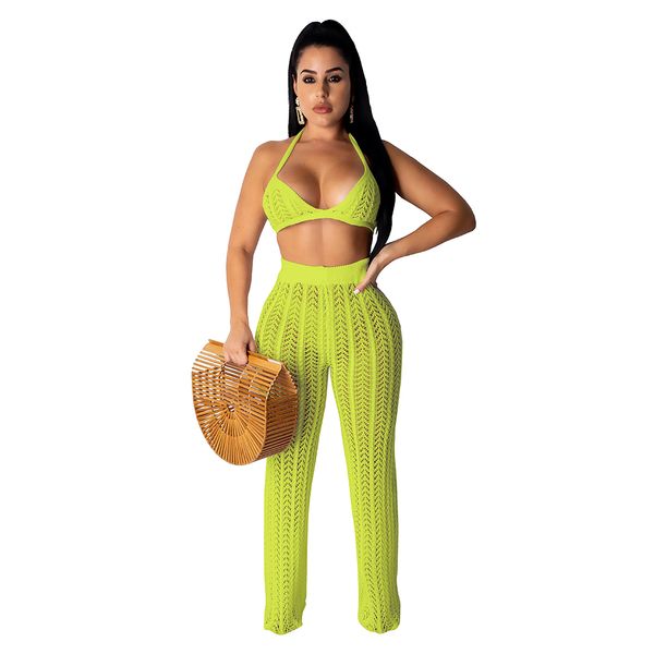 Verão Fishnet malha Two Piece Set Mulheres Sexy ver através Night Club Ternos Bra Top Calça Casual Outfits Praia