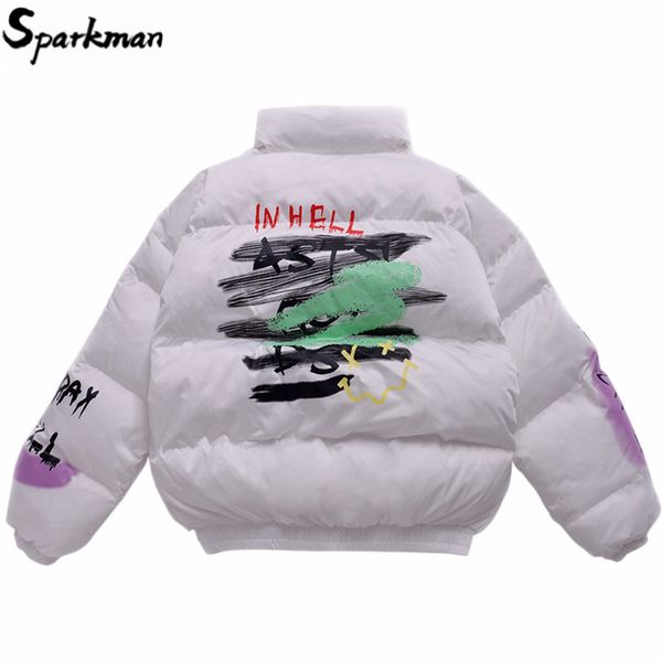 

2019 hip hop jacket parkaletter graffiti print in hell streetwear men windbreaker harajuku winter padded jacket coat outwear new, Black