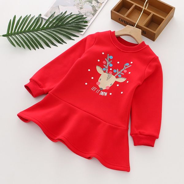 

baby girls christmas elk print long sleeve sweatshirt dress autumn casual kids thicken velvet dresses, Red;yellow