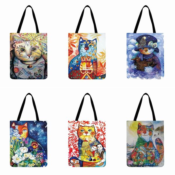 

watercolor art cat printed tote bag for women casual foldable shopping bag outdoor beach daily casual tote