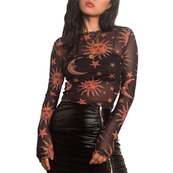 

sun moon printed transparent mesh t-shirt women o-neck with long sleeve slim basic casual female 2020 spring new, White