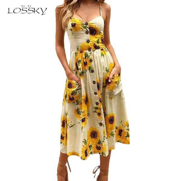 

v neck backless floral print summer beach dress women boho striped button sunflower daisy pineapple party midi dresses, White;black