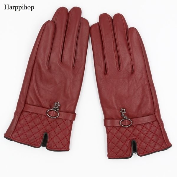 

harppihop fall and winter genuine leather gloves for women 2017 new fashion brand black warm driving glove mittens gsl016 y191109, Blue;gray