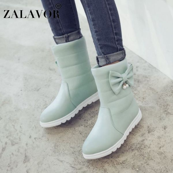 

zalavor winter women mid calf boots warm fur bowknot short boots fashion platform plush beautiful pearls footwear size 29-39, Black