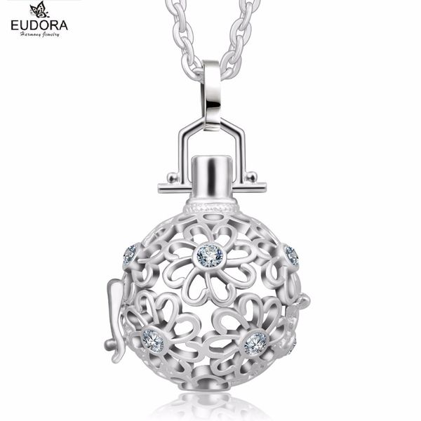 

eudora 20mm plated silver fashion cz floral bola cage pendant necklace harmony ball flower locket angel caller jewelry k115n16