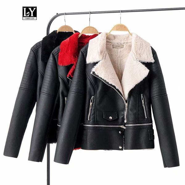 

ly varey lin winter new faux sheepskin coats women faux soft leather motorcycle zipper jacket hem detachable lamb fur outwear, Black
