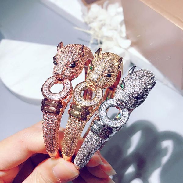 

brand s925 silver-plated leopard bracelet high-quality 5a zircon full diamond bracelet trend temperament couple luxury bracelet, Black