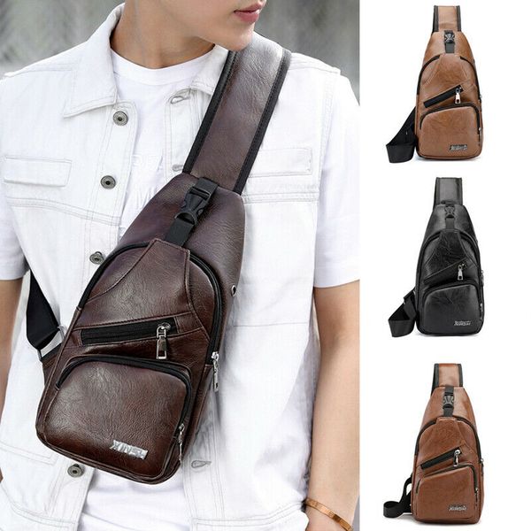 

men's shoulder bag sling chest pack pu leather usb charging sports travel hiking crossbody casual handbag